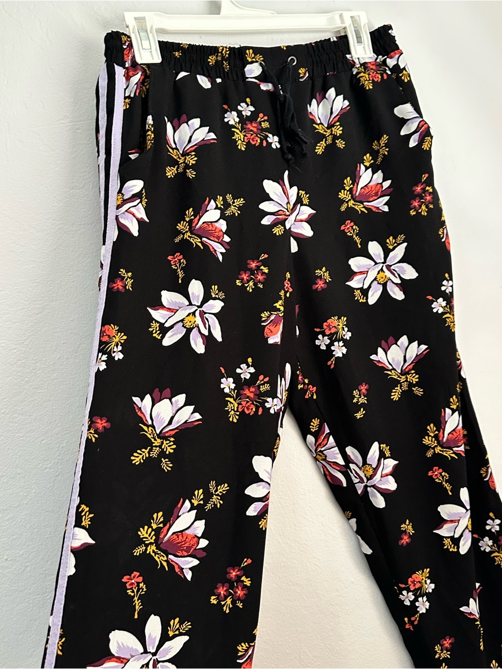Xhilaration Black Floral Track Pants with White & Pink Flowers